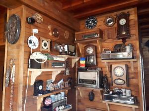 a wall full of clocks on a wooden wall at Pensiunea Armand in Supuru de Jos