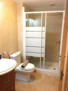 een badkamer met een toilet en een glazen douche bij Apartament Lo Passador in Deltebre