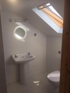 a bathroom with a sink and a toilet with a skylight at Teach Beag Cois Tra in Miltown Malbay