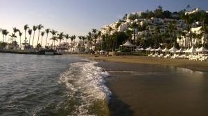 a view of a beach with palm trees and buildings at Puerto Las Hadas Apartamentos 1065-1063-764 in Manzanillo