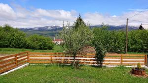 a wooden fence with two trees in a field at Plitvički San in Korenica