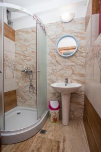 a bathroom with a shower and a sink and a mirror at Guest House Zuber in Budva