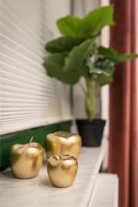 three gold apples on a table with a potted plant at Golden Moonlight in Zielona Góra