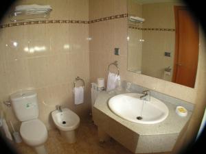 a bathroom with a sink and a toilet and a mirror at Hotel Zaytun in Mequinenza