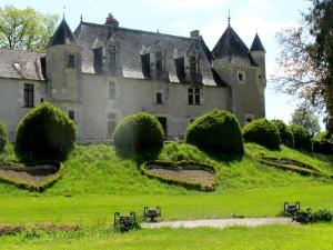 um velho castelo numa colina relvada com arbustos em Manoir de la Rémonière em Azay-le-Rideau