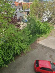 a red car parked in a parking lot next to bushes at Luxurious Luton town center flat with free parking in Luton