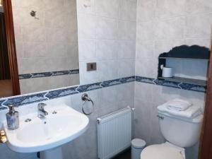 a bathroom with a white toilet and a sink at Posada Selva Negra in Temuco