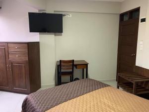 1 dormitorio con cama, escritorio y silla en AH Hotel, en Santa Cruz de la Sierra