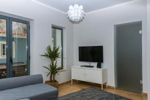Tejo I Apartment في ألمادا: غرفة معيشة مع تلفزيون وأريكة