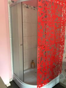 a shower with a red and white patterned wall at Karla iela in Ventspils +17 photos