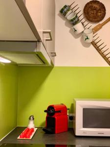 een keuken met groene muren en een magnetron bij Boutique Appartments AlteGreißlerei in St. Wolfgang