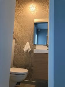 a bathroom with a toilet and a sink and a mirror at Appartement plein centre Saint Florent face au port in Saint-Florent