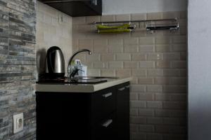 eine Küche mit Spüle und Ziegelwand in der Unterkunft Apartment Alex in Sandanski