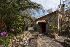 加沃拉诺Villino il Corbezzolo a "Casa Conti di Sotto"的一座石头房子,有棕榈树和一座建筑