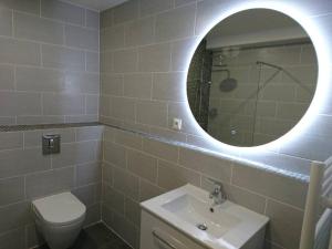 a bathroom with a toilet and a sink and a mirror at Soleil Corse in Saint-Florent +19 photos
