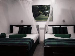 two beds with green and white pillows in a room at Ella green stay in Ella