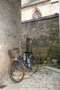 una bicicletta blu con un cesto parcheggiato contro un muro di LE TABELLION a Noyers-sur-Serein