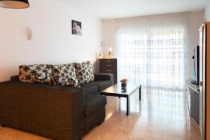 ein Wohnzimmer mit einem Sofa und einem Tisch in der Unterkunft Apartamento in Santa Susanna