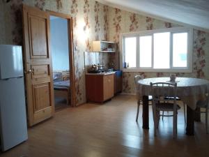 a kitchen with a table and a refrigerator at Emma's Guesthouse in Borjomi in Borjomi