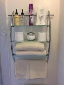 
a bathroom with a towel rack and a towel dispenser at Cameron Guest House in Oban
