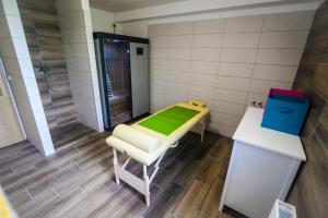 łazienka z prysznicem i stołkiem z zielonym dywanikiem w obiekcie Pension Pod Hvězdami w mieście Božejov