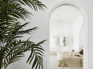 a hallway with a mirror and a palm plant at Le Blanc Nest Santorini - Family / Couples Luxury House in Mesaria +43 photos