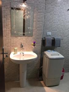 a bathroom with a sink and a mirror and a trash can at Apartment in Luxor city center-Nil in Luxor