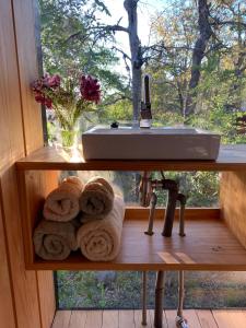 a sink and towels on a shelf next to a window at Refugio Vaikava in Las Trancas