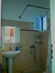 y baño con lavabo, espejo y ducha. en LARINΑKI'S STUDIO No1, en Amorgós