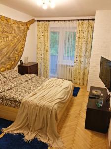 a bedroom with a bed and a window at Very nice Apartment in L'viv in Lviv