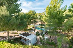 an overhead view of a house with a pool and trees at Nyumba ya Sun in Cala Tarida