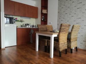 eine Küche mit einem Tisch und Stühlen sowie einem Kühlschrank in der Unterkunft Apartman 10 in Oščadnica