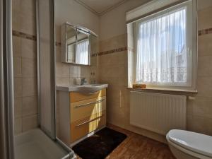 uma casa de banho com um lavatório, um WC e uma janela. em Ferienwohnungen Ludolph em Erfurt