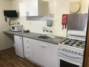 a small kitchen with a stove and a sink at Lake Albert Caravan Park in Meningie