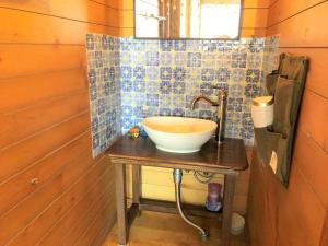 uma casa de banho com um lavatório sobre uma mesa em ゲストハウス奄美ルリカケス em Amami