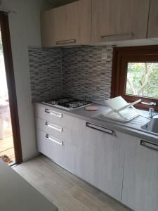 cocina con fogones y fregadero en Camping Lacona, en Capoliveri