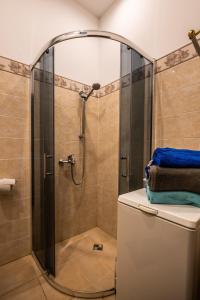 a shower with a glass door in a bathroom at Villa Apartments by the sea in Liepāja