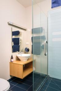 a bathroom with a sink and a glass shower at Wilkes Way Villa in Picton