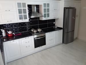 特拉布宗的住宿－Fursan Apart My Doğa，厨房配有白色橱柜和不锈钢冰箱