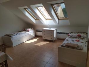 a attic bedroom with two beds and skylights at Apartment Koprivovi in Němčičky
