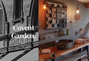 a bathroom with a sink and a sign that says covenant garden at Boutique Logement Londen Centrum Middelburg in Middelburg