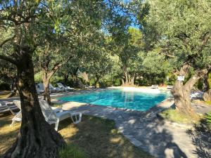 - une piscine dans une cour avec des chaises et des arbres dans l'établissement La Picholine, à Nyons