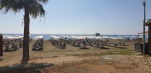 a group of chairs and umbrellas on a beach at Marina's Rooms in Larnaca