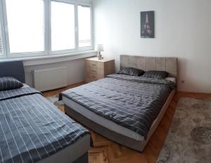 - une chambre avec 2 lits et 2 fenêtres dans l'établissement Apartment Ambrela 2, à Sarajevo