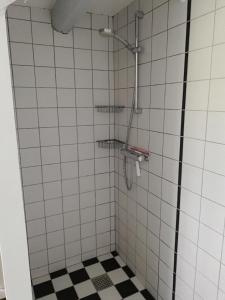 La salle de bains est pourvue d'une douche avec du carrelage noir et blanc. dans l'établissement Baekgaarden B&B, à Sandholts-Lyndelse