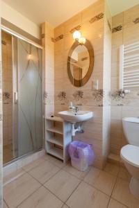 a bathroom with a sink and a shower and a toilet at Willa Arkadia in Pobierowo