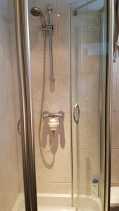 eine Dusche in einem Badezimmer mit einer Glastür in der Unterkunft BnbMarlies in Oorsbeek