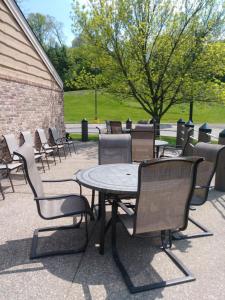 a group of chairs and a table with a tree at AmericInn by Wyndham Red Wing in Red Wing