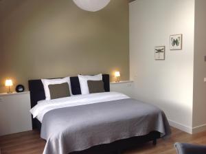 - une chambre avec un grand lit et deux lampes dans l'établissement B&B De Veluwe Hoeve, à Eerbeek