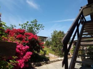 a staircase leading to a garden with pink flowers at Zimmer mit Frühstück in Challes-les-Eaux +12 photos